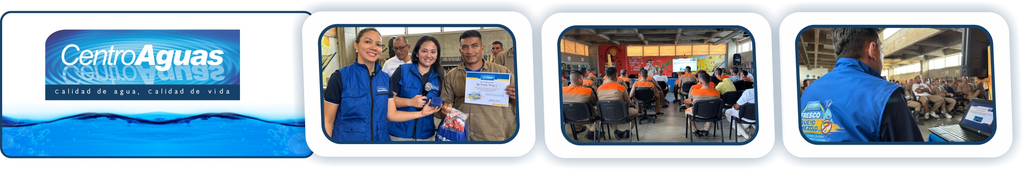 CENTROAGUAS realizó capacitación y clausura a internos de la cárcel de Tuluá* Diseño con tres imágenes donde se ve personal de la empresa haciendo entrega de constancias de capacitación y kits de aseo
