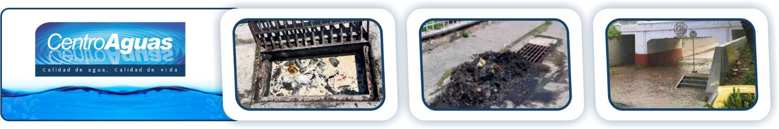 Prevenga inundaciones en temporada de lluvias Diseño con tres imágenes de sumideros con residuos e inundación en una parte de la ciudad