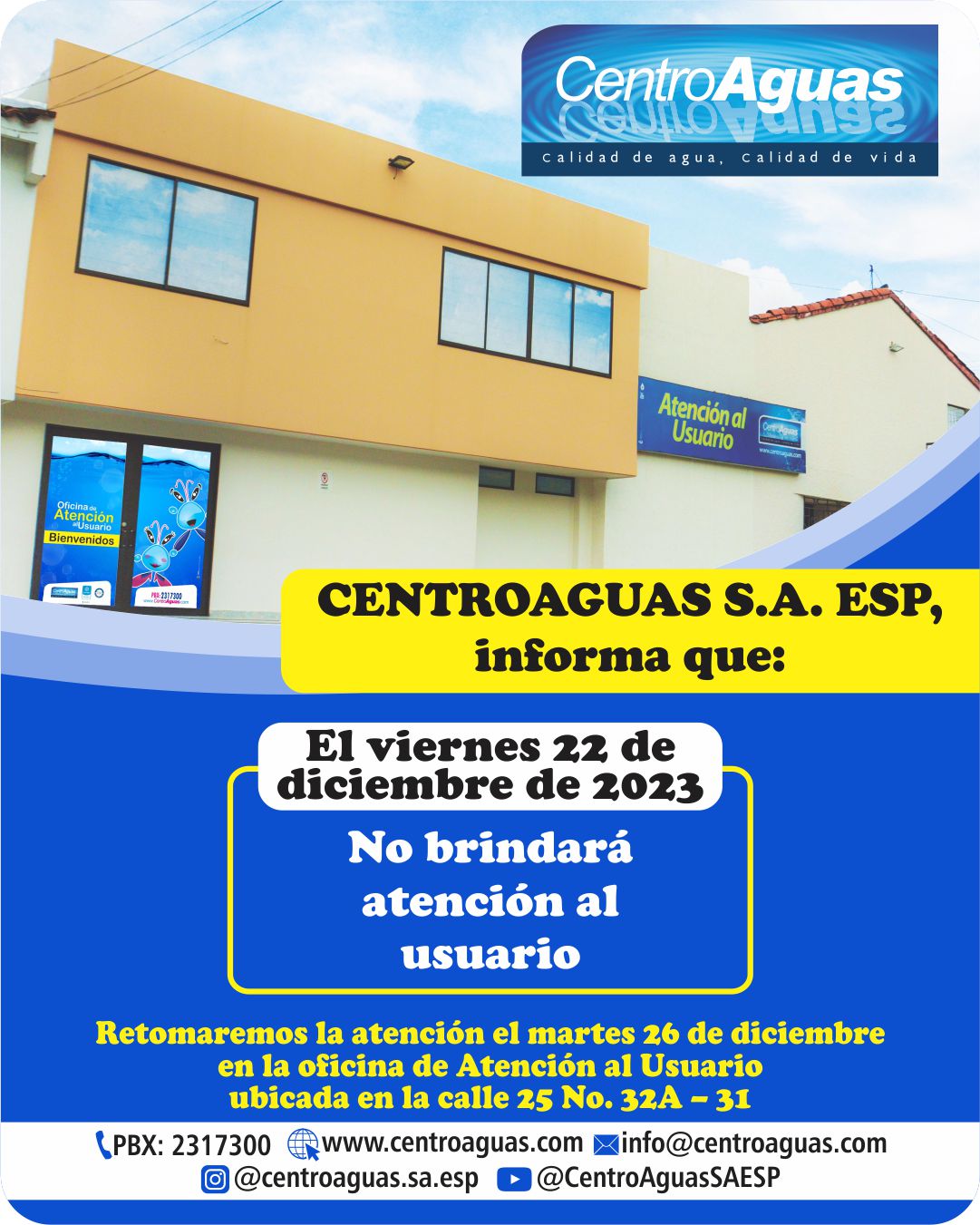 Centroaguas No brindará  atención al  usuario el viernes 22 de diciembre de 2023