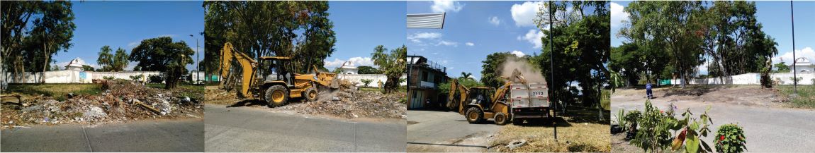 personal de CENTROAGUAS en maquinaría realizando limpieza de la zona verde Diseño de cuatro fotografías donde se ve personal de CENTROAGUAS en maquinaría realizando limpieza de la zona verde