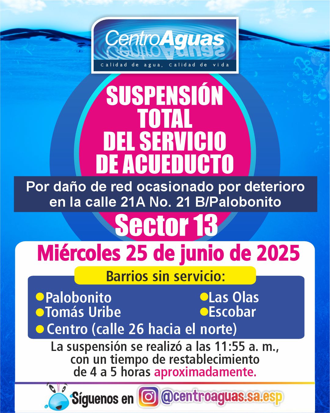 Suspensión total del servicio de acueducto del sector 13