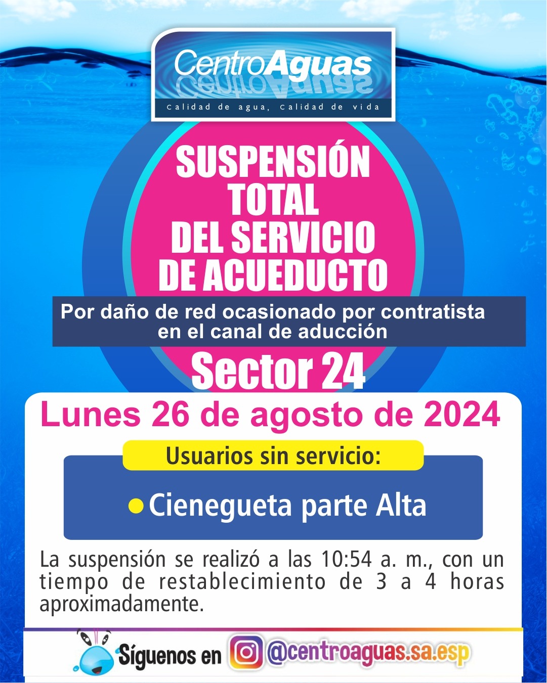 Suspensión total del servicio de acueducto del sector 24