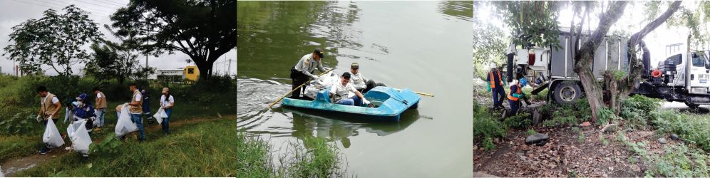 personal de CENTROAGUAS realizando labores de limpieza en el Lago Chilicote diseño con tres imágenes que relaciona a personal de CENTROAGUAS realizando labores de limpieza en el Lago Chilicote