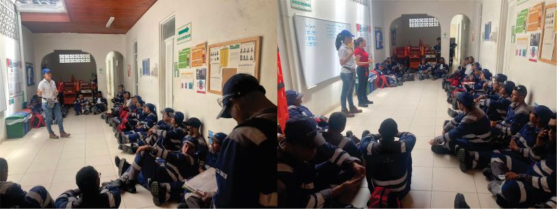 personal de la empresa capacitando a los colaboradores de Veolia Aseo Tuluá Diseño de dos fotografías del personal de la empresa capacitando a los colaboradores de Veolia Aseo Tuluá