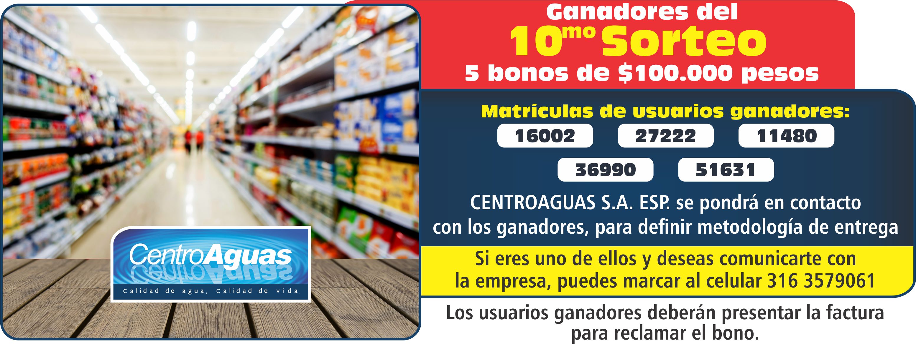 Imagen representativa informando el número de las matrículas que ganaron bonos de $100.000 del décimo sorteo