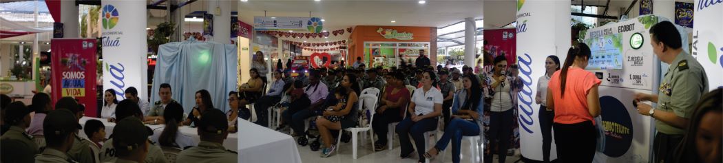 lanzamiento oficial del Ecobot donde se ve la mesa principal de las empresas que participaron y también los asistentes. Tres fotografías del lanzamiento donde se ve la mesa principal de las empresas que participaron y también los asistentes.